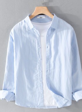 亚麻休闲长袖衬衫男春夏装新款日系男士潮流白色衬衣寸衫棉麻外套