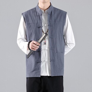 薄款棉麻料马褂中国风唐装男式马甲盘扣唐装老头汗衫背心宽松坎肩