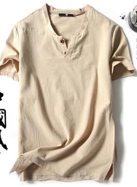 短袖T恤男亚麻料复古上衣薄款半袖纯色v领胖子宽松大码棉麻体恤衫