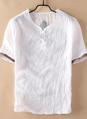 夏季中国风男装亚麻料短袖T恤复古薄款白色棉麻青年胖子宽松大码