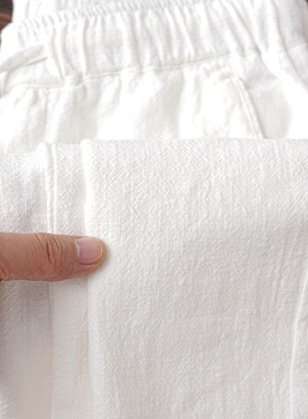 2024夏季新款麻棉透气宽松休闲日系简约纯色松紧抽绳直筒白色长裤