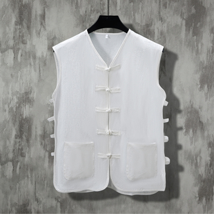 夏薄款亚棉麻背心中国风唐装男式马甲夹汉褂盘扣老头汗衫北京坎肩