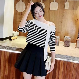 丁香非花◇秋新款 休闲黑白条纹针织露肩百搭女上衣9921LN ◇法式