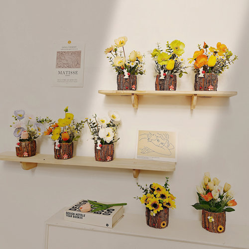 树皮桶仿真花绿植摆件