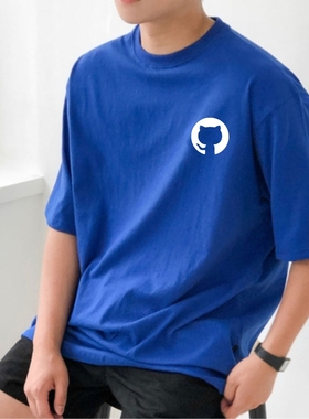 Github章鱼猫图案印花T恤男小清新宽松休闲程序员短袖全棉体恤衫