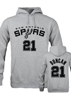 马刺队21号邓肯号码印花连帽套头卫衣秋冬男美式篮球运动休闲外套