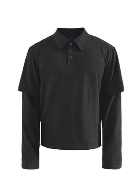 JCAESAR TWO FAKES SLEEVE 黑色假两件POLO衫 短宽版 定制亮面扣