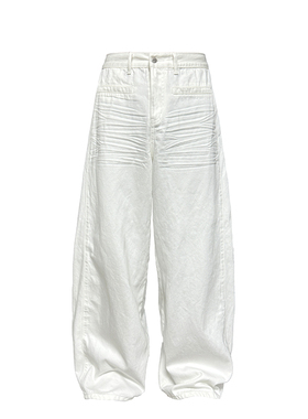 JCAESAR WHITE DENIM压褶白色阔腿牛仔裤 立体抓痕猫须 baggy版型