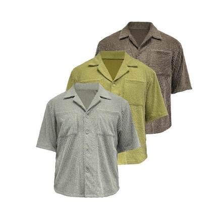 JCAESAR SHORT SHIRT 狼尾草短袖衬衫 竖毛条肌理面料 翻驳领型