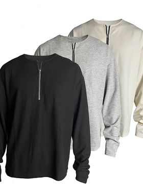 JCAESAR Half Zip Long Sleeve小众美式半拉链华夫格纯色长袖男薄