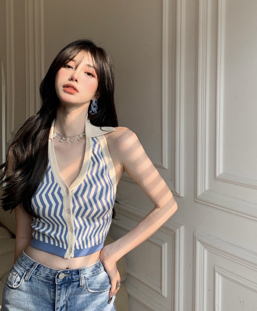 欧美吊带背心条纹挂脖露背性感针织打底衫女夏季短款外穿内搭上衣