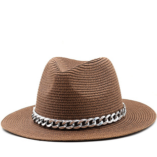 男女士亚克力装饰大檐草帽春夏季英伦风新款户外出行遮阳爵士草帽