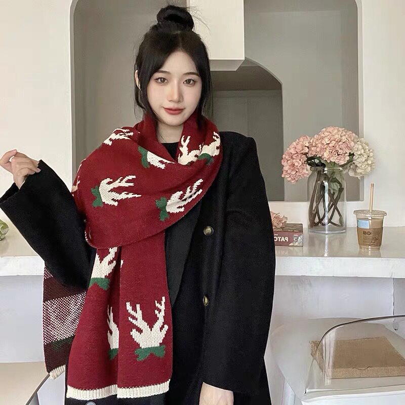圣诞节礼物雪花小鹿红色百搭情侣围巾女冬季鹿角保暖加厚学生