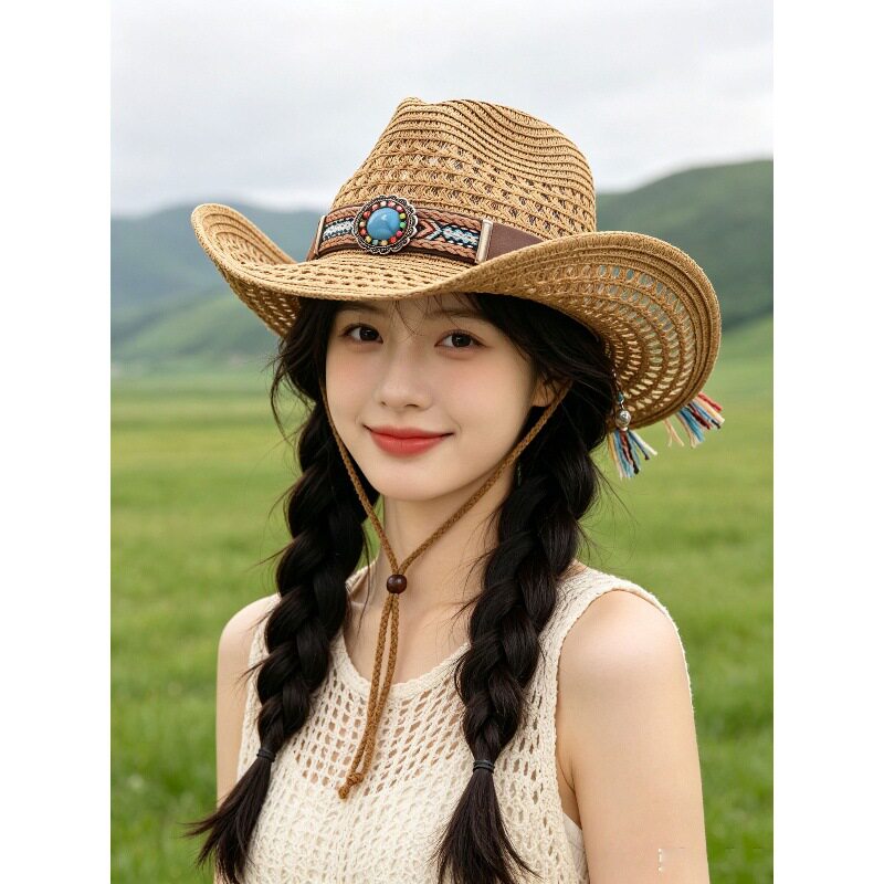 镂空草编西部牛仔帽女民族风蓝宝石流苏大檐防晒帽显脸小遮阳帽子