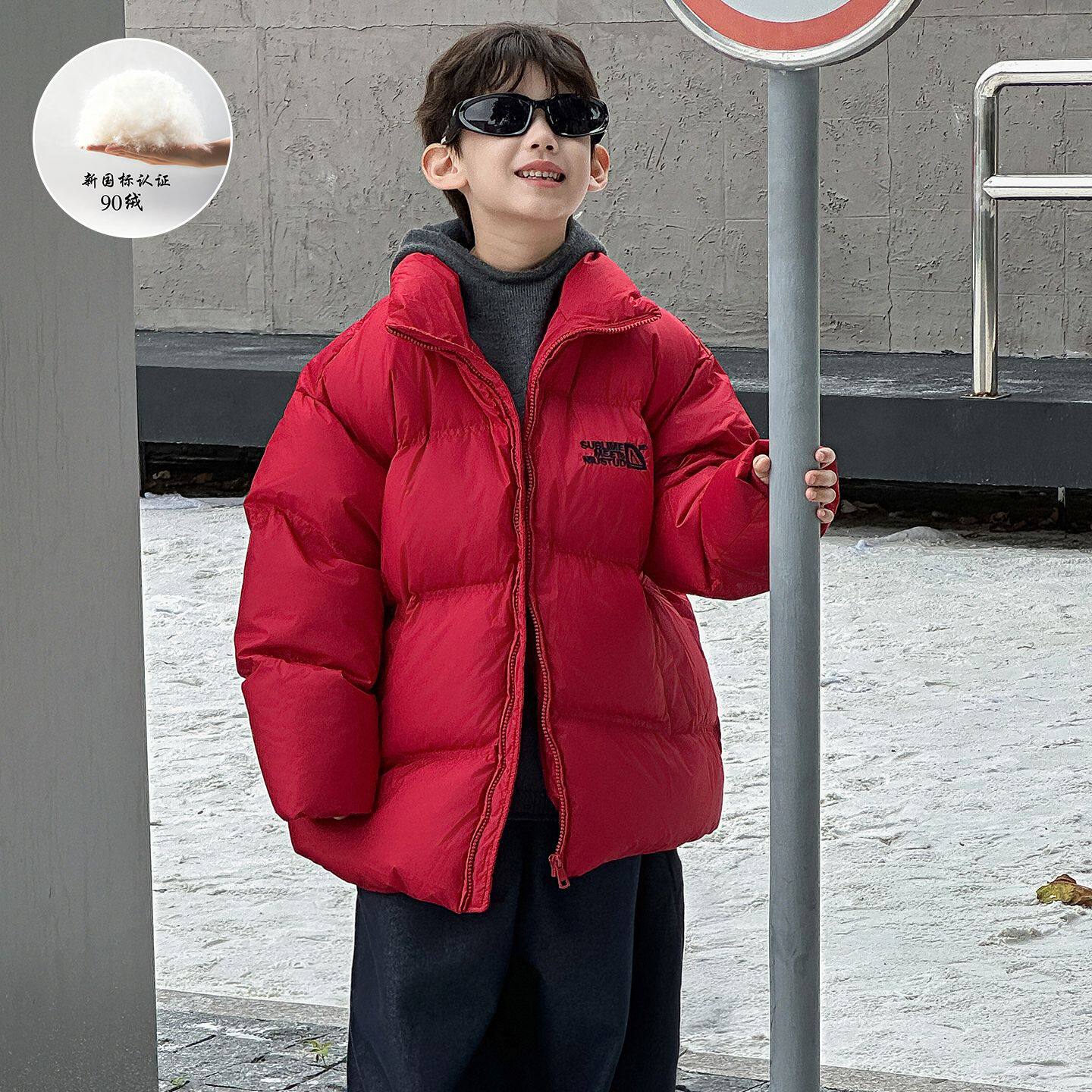 糖C男童深秋韩版2025保暖滑雪服字母绣花羽绒服