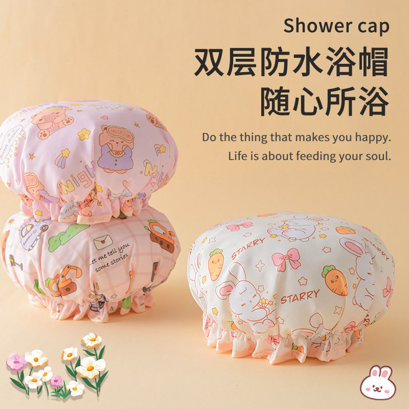 新款卡通浴帽双层防水女士PEVA色丁帽印花洗发帽淋浴帽成人干发帽