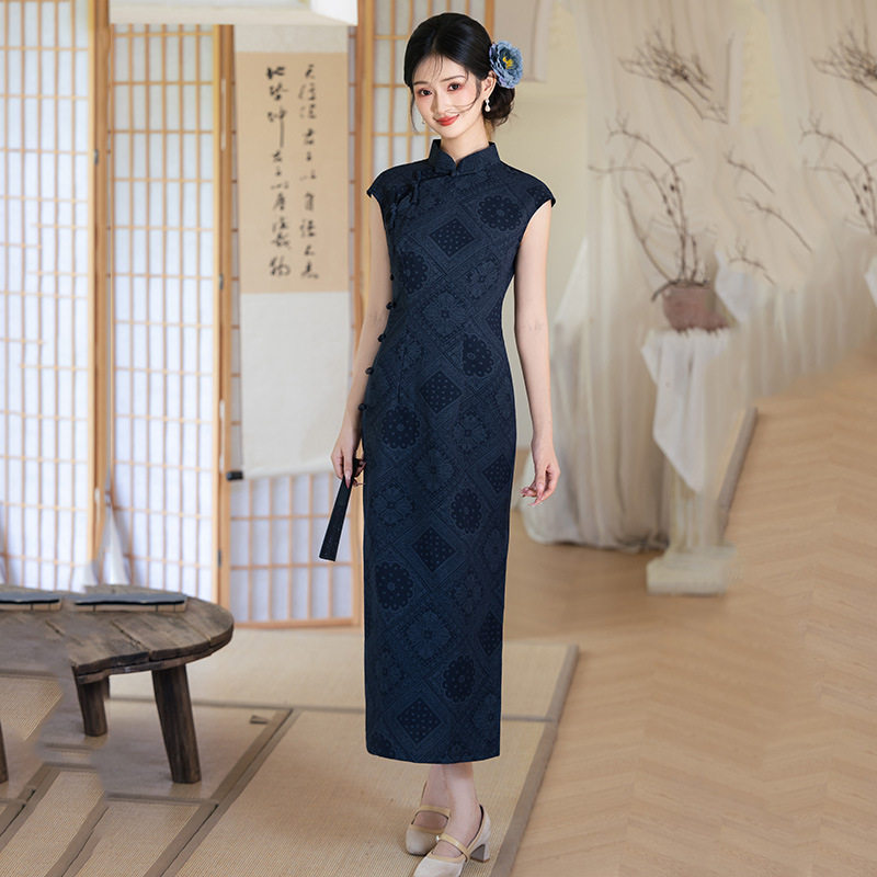 藏蓝色古法全开襟无袖格子国风新中式长款旗袍改良年轻款女高级感