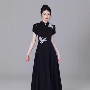 新中式复古旗袍黑色晚礼服音乐生艺考声乐舞台民歌独唱古筝演出服