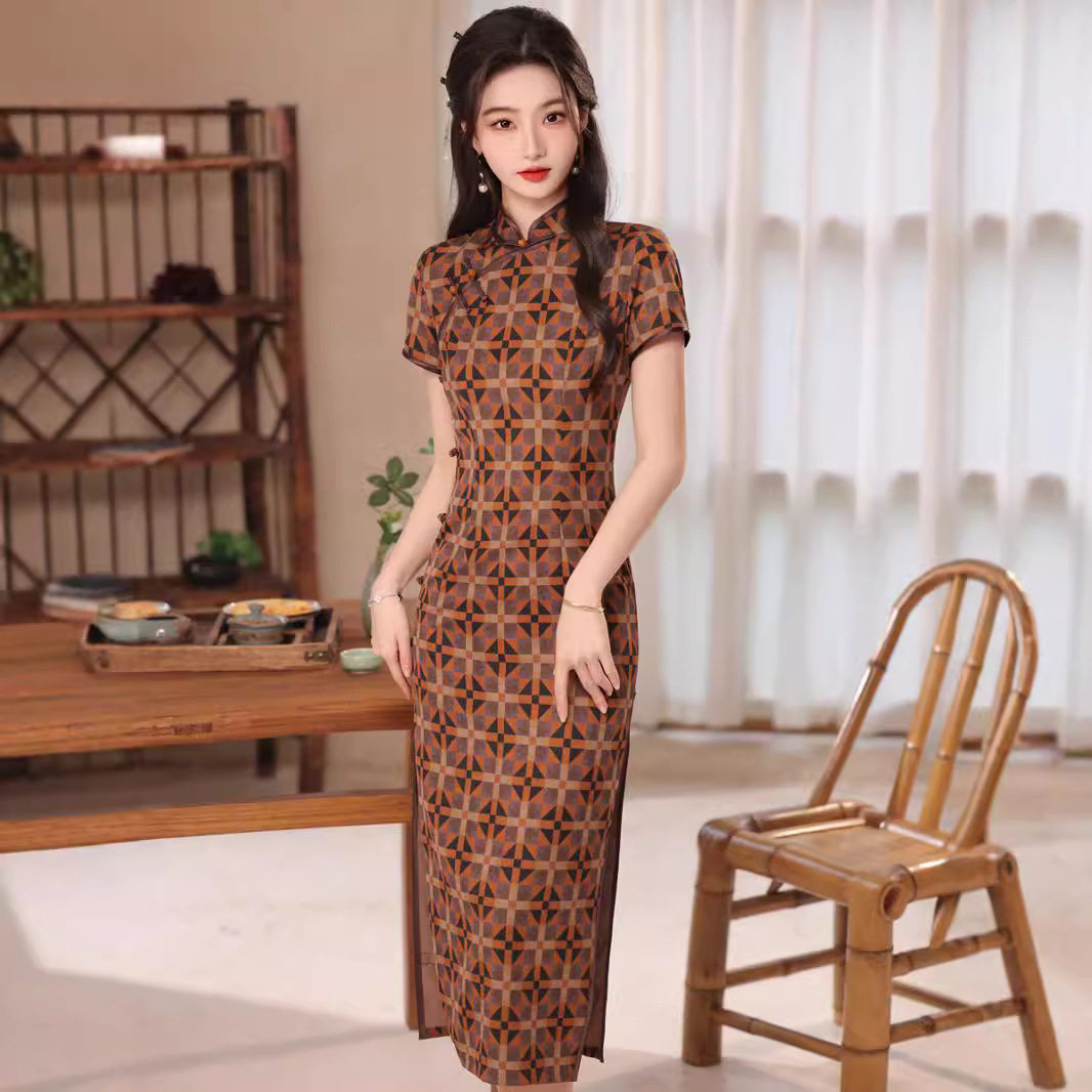 老上海格子印花旗袍改良新中式2026夏季新款民国风女日常可穿长款