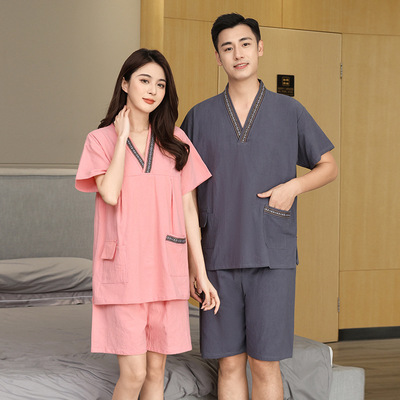 新款女休闲皱麻居家汗蒸服男洗浴中心睡眠衣服情侣套装家居服酒店