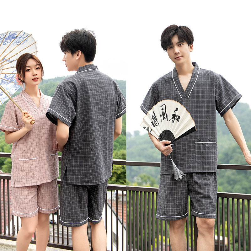 2026新款V领汗蒸服棉格子浴服情侣家居睡衣SPA美容水洗棉男女款