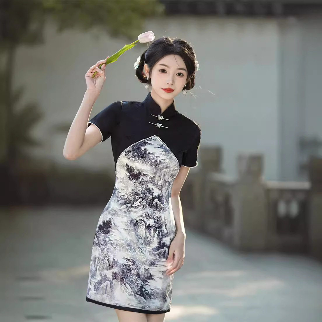 2026夏季新款短袖拼接撞色短款旗袍日常聚会文艺年轻改良连衣裙