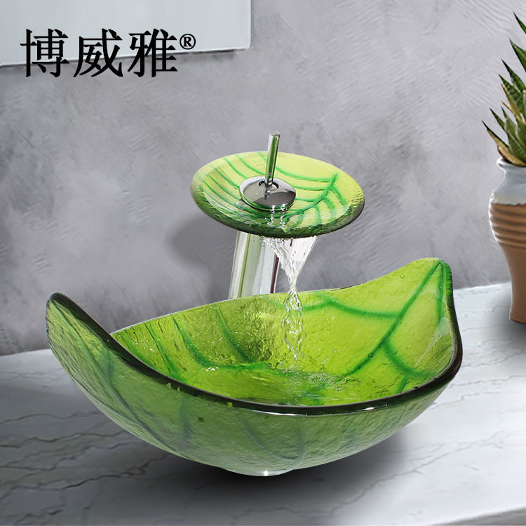 佛山卫浴新款叶子形浴室玻璃洗手台上盆艺术盆洗脸盆酒店家用外贸