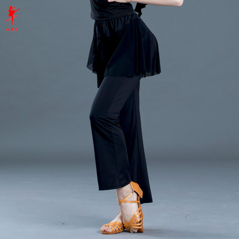 红舞鞋女儿童拉丁舞蹈交际舞服练功广场舞长弹力网裙裤运动表演