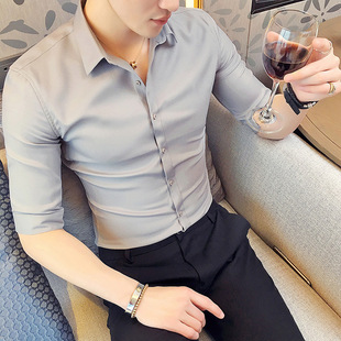 2026春夏新款男士休闲七分袖衬衫时尚修身发型师工作服潮男式上衣