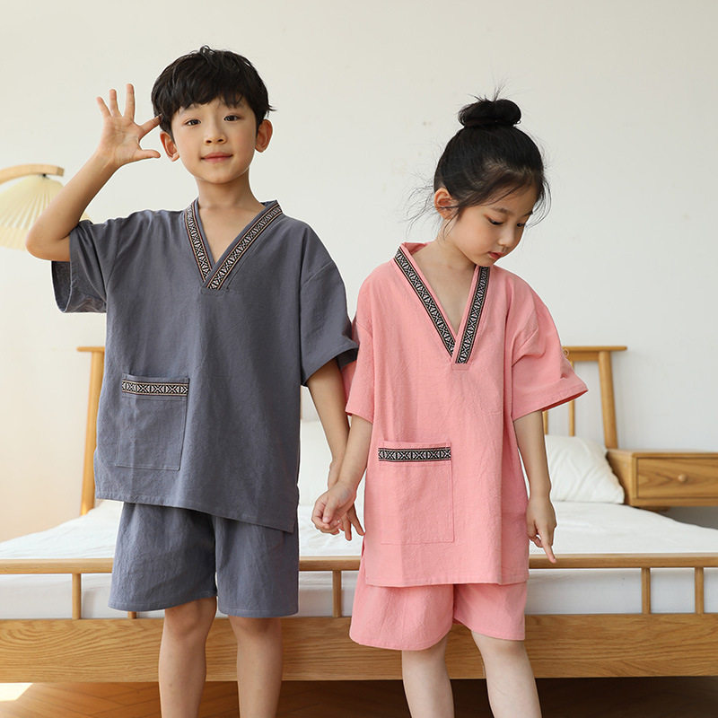 儿童棉布浴服男女童汗蒸服睡衣桑拿服小孩家居服睡衣养生浴衣海外