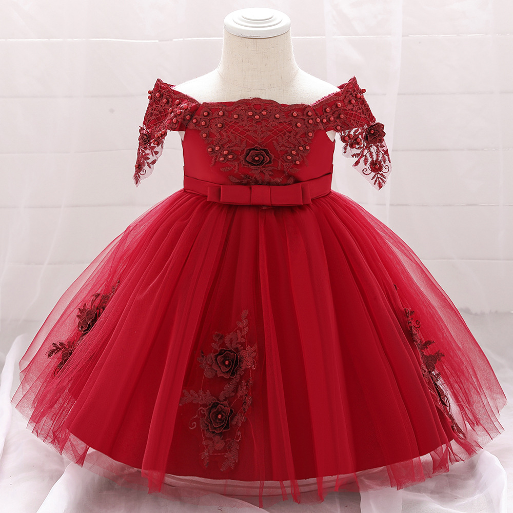 婴儿花朵一字肩宴会女童礼服裙