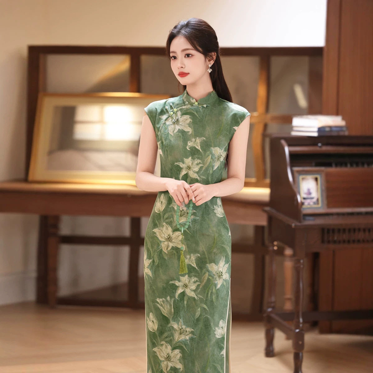 2026春夏新款旗袍天丝麻无袖长款绿色印花小清新气质优雅少女礼服