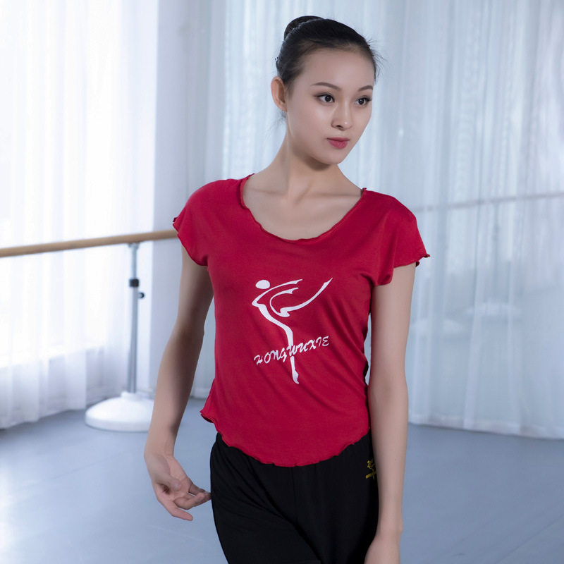 红舞鞋丝光棉成人舞蹈练功服女上衣短袖舞服健美操文化衫运动瑜伽