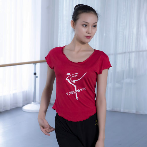 红舞鞋丝光棉成人舞蹈练功服女上衣短袖舞服健美操文化衫运动瑜伽