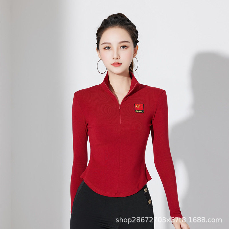 拉丁舞上衣女成人新款摩登舞服装高领国标舞练功服长袖跳舞衣秋冬