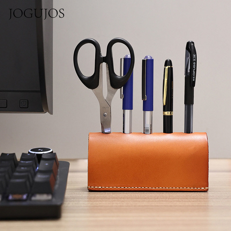 JOGUJOS笔筒大容量多功能办公摆件手工化妆刷收纳摆件真皮跨境