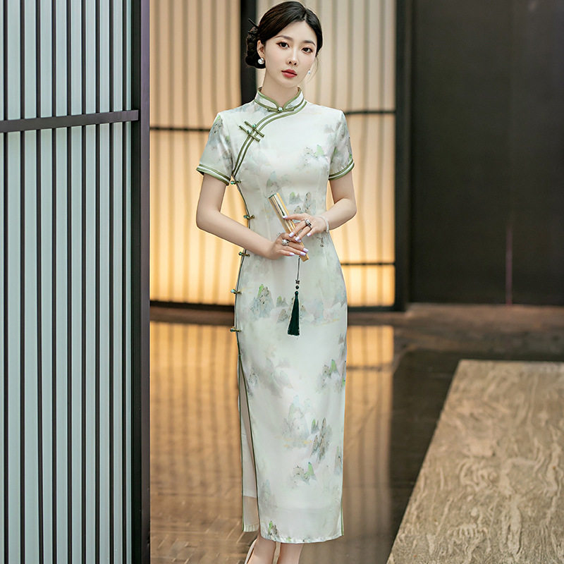 2026春夏季新款复古修身显瘦长款丝绸旗袍演出服走秀礼仪日常礼服