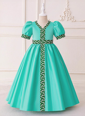 外贸新款中东穆斯林晚礼服泡泡袖锻布蓬蓬裙子绿色长袍节日演出服