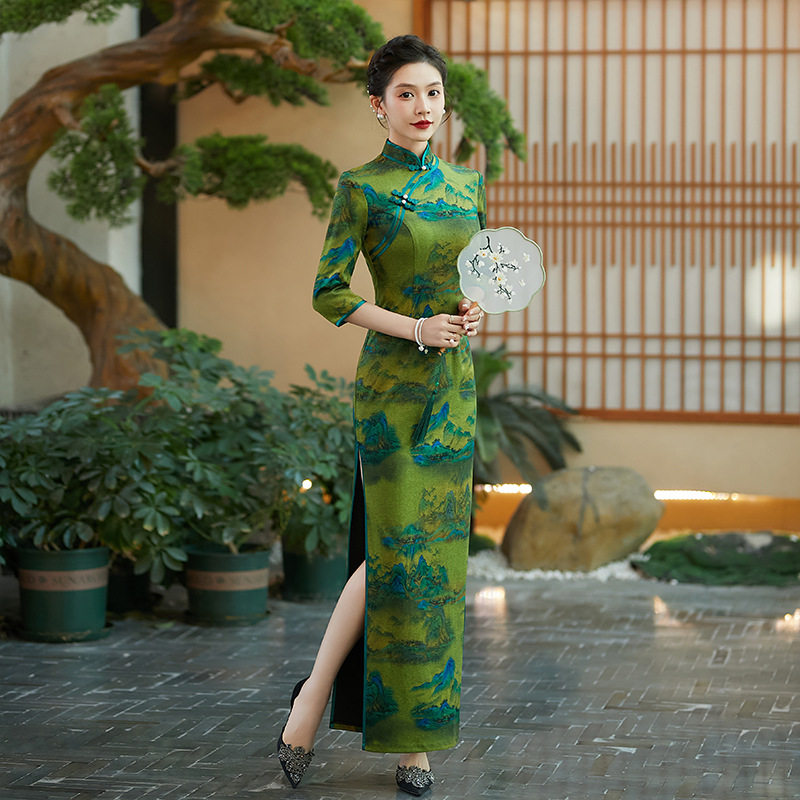 新款夏季国风旗袍高端气质女装绿色七分袖改良千里江山连衣裙礼服