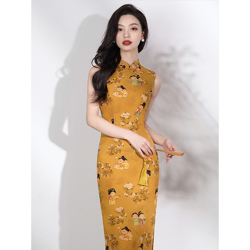 小唐人丨2026新款丨春夏无袖黄色仕女图显白温柔可爱气质旗袍礼服