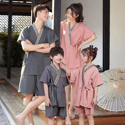 纯棉亲子汗蒸服儿童开衫系带洗浴服浴衣男女睡衣家居服套装桑拿服