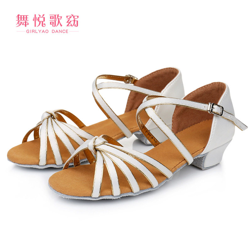 基础5带打结少儿拉丁舞鞋26-40码女士低跟软底拉丁小白舞蹈鞋健身