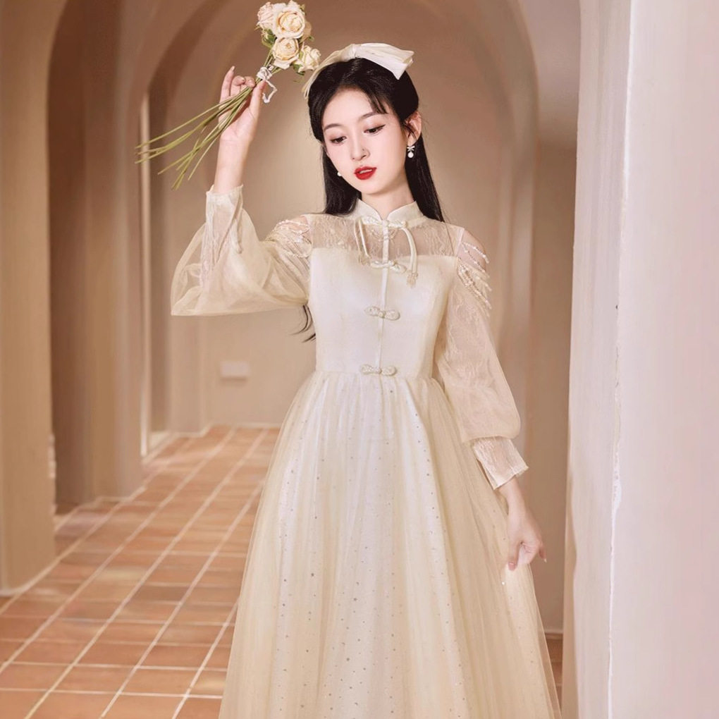 新中式成人礼立领旗袍晚礼服学生声乐艺考连衣裙2026新款长袖礼服