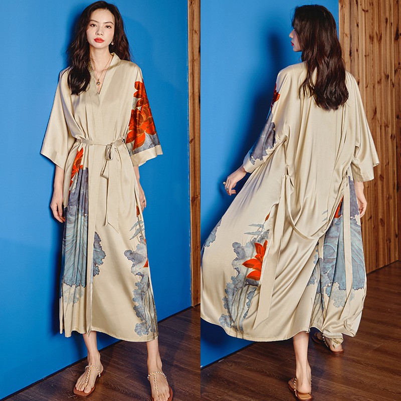 2025新款缎面雪纺睡衣女夏大码冰丝绸轻奢睡袍浴袍凉感家居服外贸