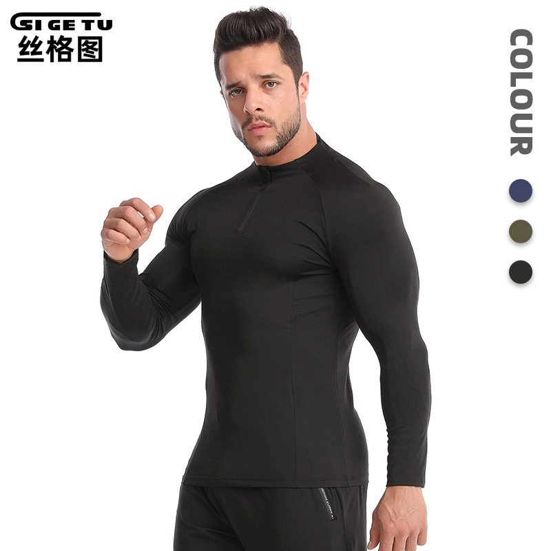 丝格图跨境健身服装男秋冬季弹力PRO速干T恤跑步半高领运动紧身衣