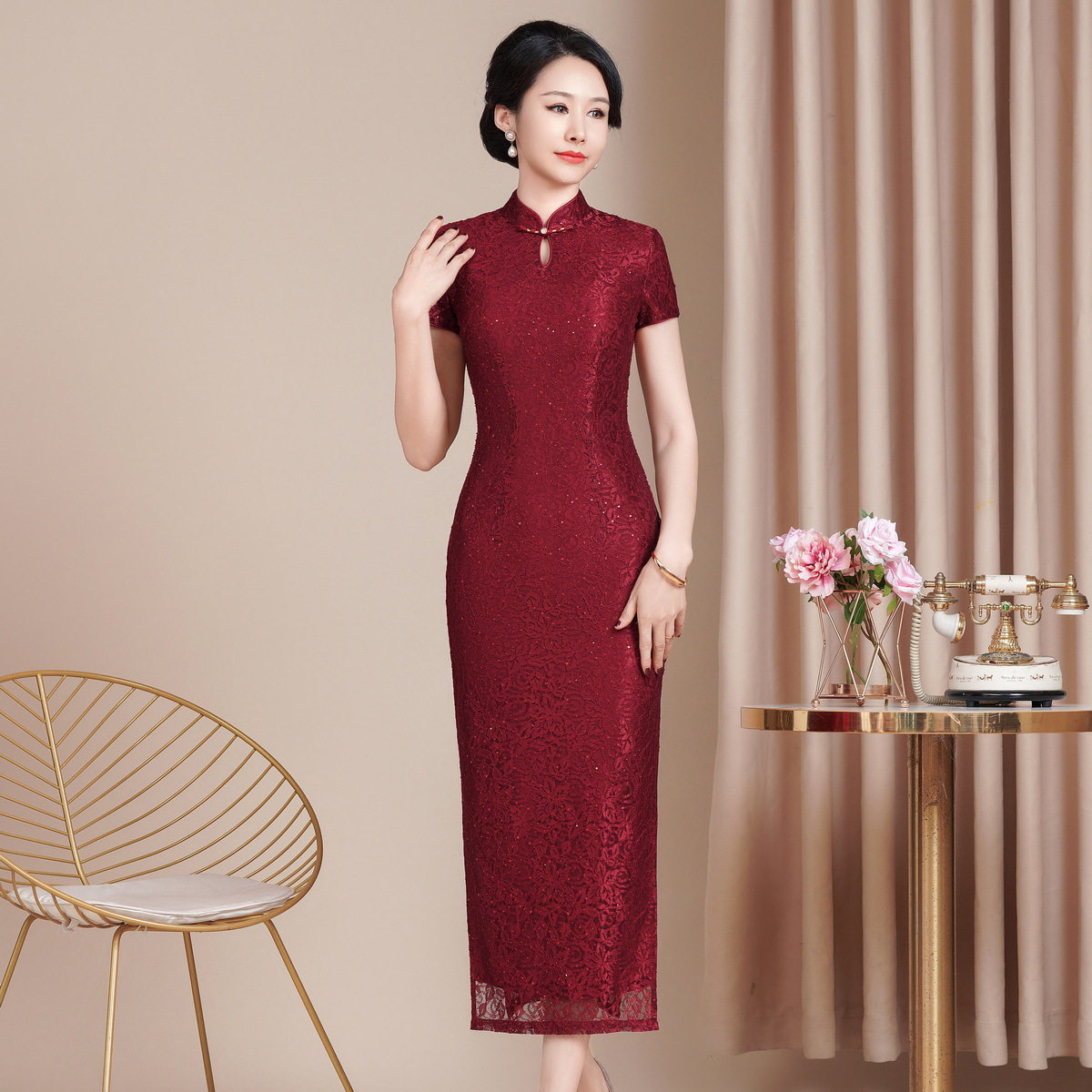 2026夏季感女修身旗袍连衣裙婚礼国潮婚宴装妈妈装气质短袖长款