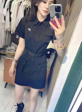 2026夏季新款休闲连衣裙女黑色收腰显瘦百搭短款翻领短袖裙子工装