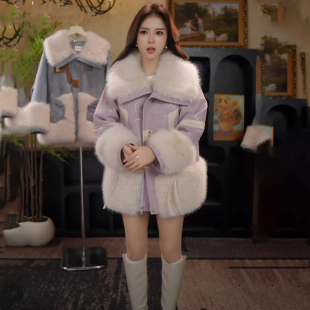 显瘦加厚保暖外套加绒 皮草仿狐狸毛领时尚 海宁皮衣中长款 女冬季