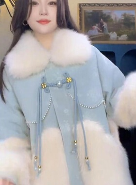 女装中长款洋气公主风蓝色印暗花仿皮草外套显瘦东北零下二十度穿