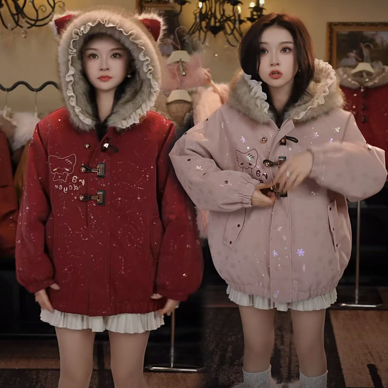 两面穿毛绒猫耳朵连帽派克服外套女冬季中长款新款加厚加绒过年装